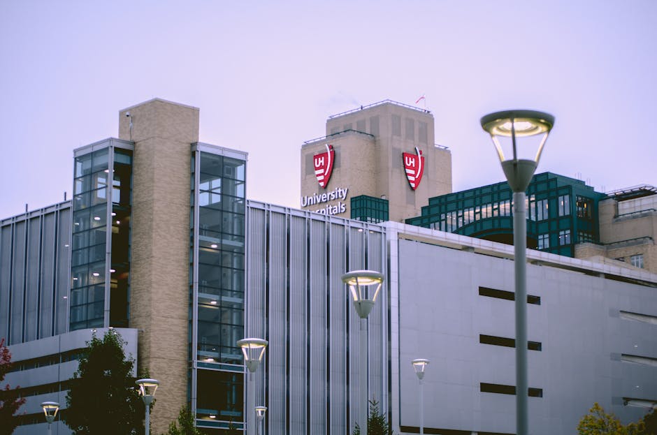 View of University Hospitals building in Cleveland, OH against a clear sky. health insurance