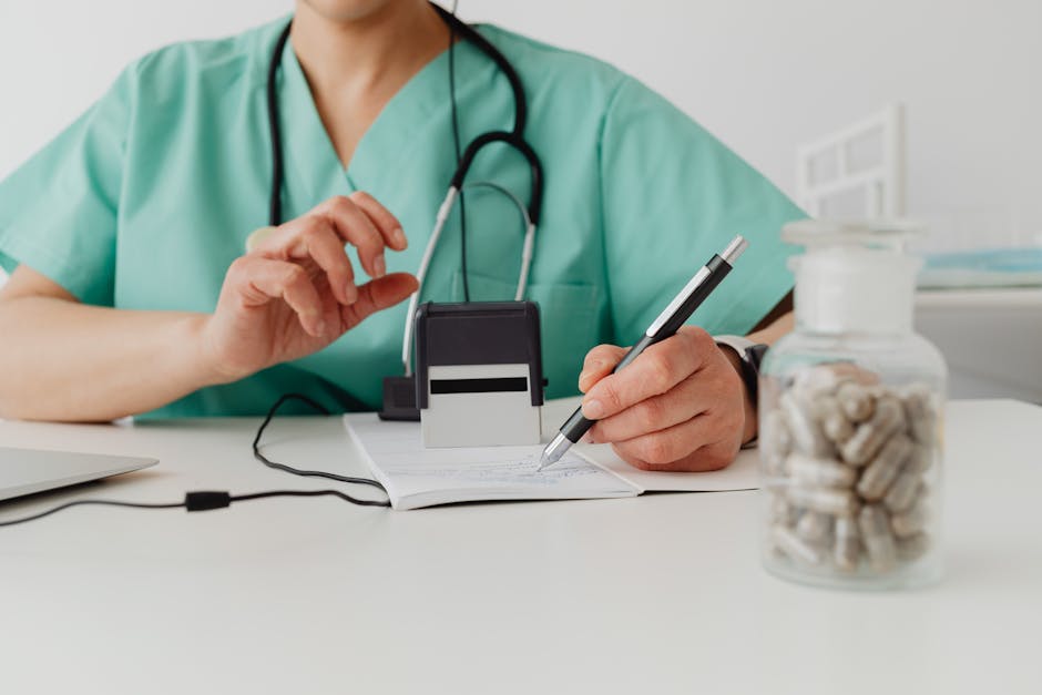 A medical professional writing a prescription in a clinical setting. health insurance