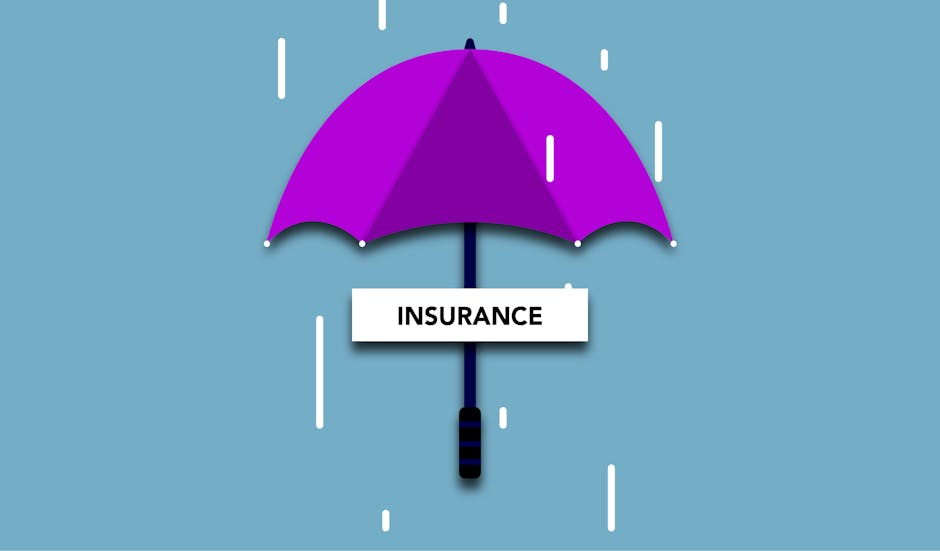 Decorative cardboard illustration of signboard with Insurance title under umbrella in rain on blue background health insurance